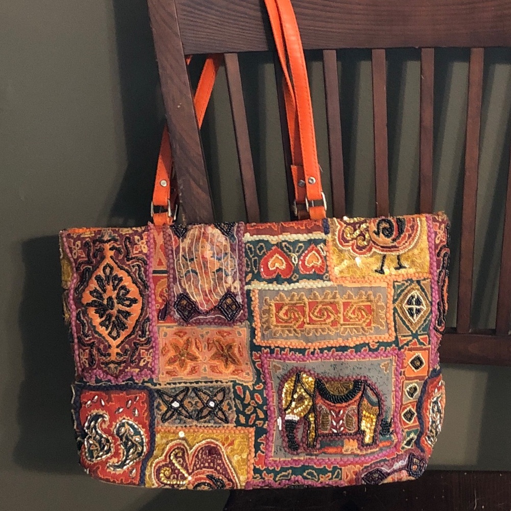 Vintage CHRISTINA Patchwork Tote Bag with Orange Handles Embroidery and Sequins